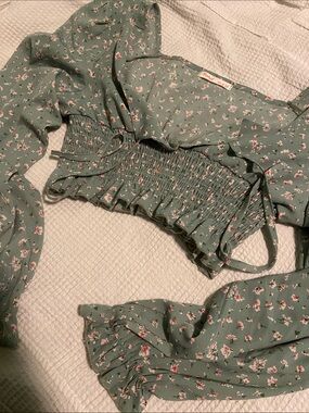 Sage Green Floral Smocked Bandeau long sleeve Top